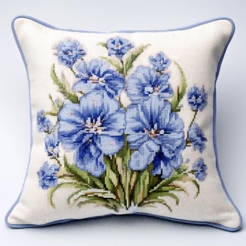 Taxpy Diy Stickpackung Kissen Blaue Kornblumenblume Diy-Kissenbezug-Set Für Erwachsene, Bastelsets Mit Bedruckter Leinwand 17x17in von Taxpy