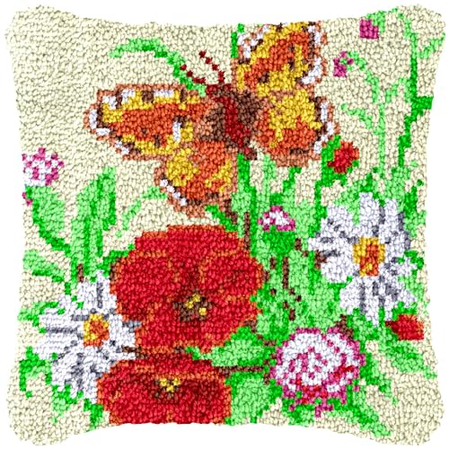 Taxpy Kissenbezug DIY Knüpfkissen Set Kreuzstich Stickerei 43x43cm Selber Machen Set Latch Hook Kit für Kinder und Erwachsene zum Selber Knüpfen(Blumen und Schmetterlinge,G) von Taxpy