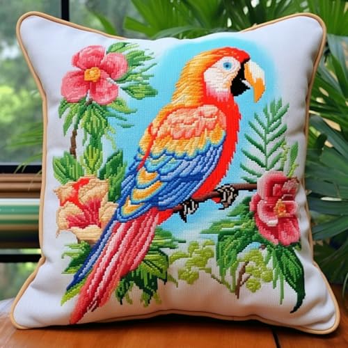 Taxpy Knüpfset Knüpfkissen Zum SelberKnüpfen Knüpfteppich Für Erwachsene Knüpfteppiche Blumen und Papageien Latch Hook Kissen Kit Sofakissenbezug Handgechte Kreuzstich Kreativ Set 43x43cm von Taxpy