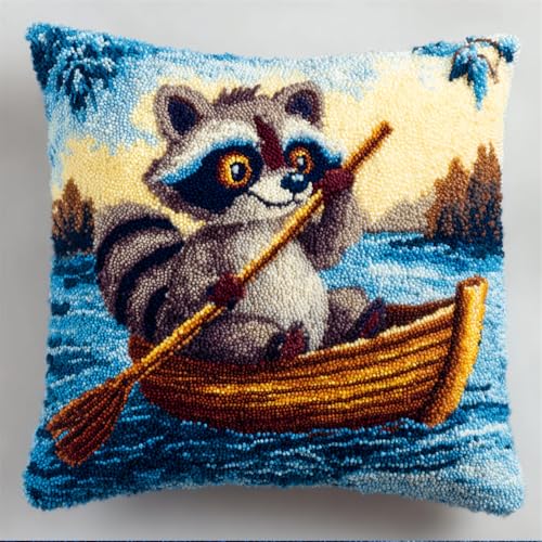 Taxpy Knüpfteppich Zum Selber Knüpf-Sets Mit Kissen Knüpfen-Set Waschbär Mit Großen Augen Rudert Ein Boot 43X43Cm Kissenbezug-Set Für Erwachsene Und Kinder Latch Hook Kit Heimaccessoire von Taxpy