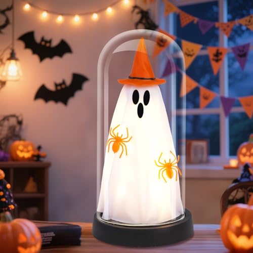 Halloween-Dekoration, Halloween-Dekorationen, beleuchteter Geist in Glasglocke, niedlicher Geist mit Licht für Zuhause, Küche, Kaminsims, Tischdekoration, Party-Dekoration, Geist, Orange von Tayfeim