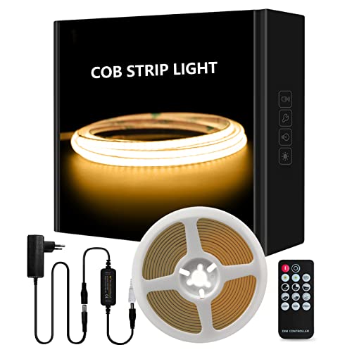 Tayire COB LED Streifen Warmweiß 3000K Set, DC24V Schneidbar LED Strip 5m 480LEDs/M,CRI90+ 4mm Biegbar LED Band Hohe Helligkeit LED Lichtband für drinnen Schrank Schlafzimmer Küche TV DIY von Tayire