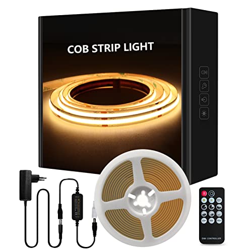 Tayire COB LED Streifen Warmweiß Set, DC24V Schneidbar LED Strip 5m 480LEDs/M, CRI90+ 8mm Biegbar LED Band Hohe Helligkeit LED Lichtband für drinnen Schrank Schlafzimmer Küche TV DIY von Tayire