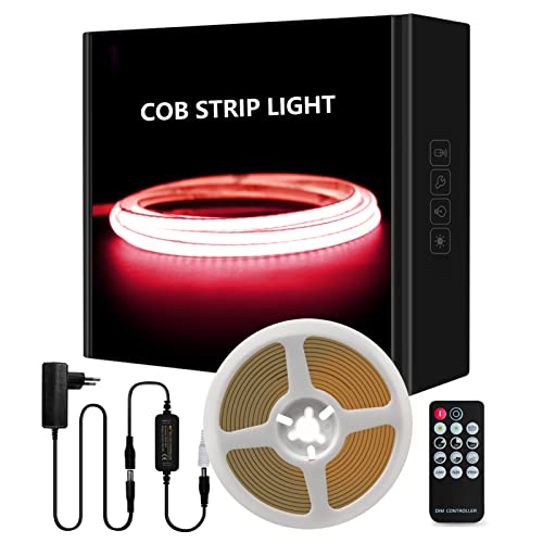 Tayire COB LED Streifen Rot Set, DC12V Schneidbar LED Strip 5m 480LEDs/M,CRI90+ 4mm Biegbar LED Band Hohe Helligkeit LED Lichtband für Schrank Schlafzimmer Küche TV DIY Beleuchtung von Tayire