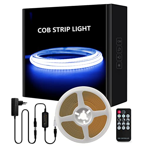 Tayire COB LED Streifen Blau Set, DC12V Schneidbar LED Strip 5m 480LEDs/M, CRI90+ 4mm Biegbar LED Band Hohe Helligkeit LED Lichtband für Schrank Schlafzimmer Küche TV Spiegel DIY Beleuchtung von Tayire