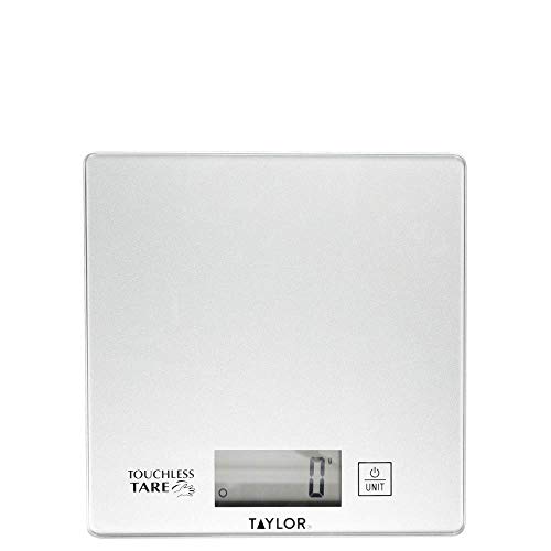 Taylor Pro Digitale Küchenwaagen mit berührungsfreier Tara in Geschenkverpackung, kompaktes Design, Glas / Kunststoff, Silber, 5 kg / 11 lbs von Taylor