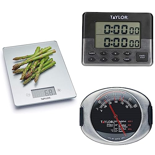 Taylor Pro Set: Digitale Glas-Küchenwaage, ultradünnes, kompaktes Design, professioneller Standard mit Tara-Funktion, silberne Oberfläche, 5 kg Kapazität+Taylor Pro Fleischthermometer-Sonde von Taylor