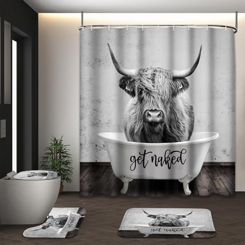 Tayney Highland Kuh in der Badewanne, Duschvorhang-Set mit WC-Deckelbezug und rutschfesten Teppichen, Get Naked Grey 4-teiliges Duschvorhang mit 12 Haken, lustiges Badezimmer-Set mit Teppichen und Tayney Highland Kuh in der Badewanne, Duschvorhang-Set mit WC-Deckelbezug und rutschfesten Teppichen, Get Naked Grey 4-teiliges Duschvorhang mit 12 Haken, lustiges Badezimmer-Set mit Teppichen und von Tayney