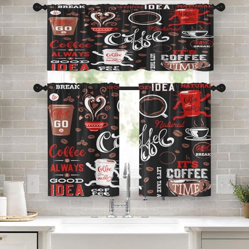 Tayney Kaffee-Küchenvorhänge, niedlich, schwarz, rot, Fenstervorhänge, Volant und Etagen, 3er-Set, Vintage-Vorhang für Badezimmer, lustige kleine Café-Vorhänge für Fensterdekoration, 132,1 x 61 cm Tayney Kaffee-Küchenvorhänge, niedlich, schwarz, rot, Fenstervorhänge, Volant und Etagen, 3er-Set, Vintage-Vorhang für Badezimmer, lustige kleine Café-Vorhänge für Fensterdekoration, 132,1 x 61 cm von Tayney