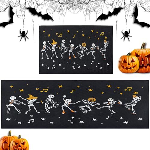 Tayney Küchenteppiche und -matten, Motiv: tanzende Skelette, rutschfest, waschbar, 2er-Set, schwarzer Haloween, tolle Matten für Boden, lustiger Totenkopf-Party, unter der Spüle, Küchenläufer von Tayney