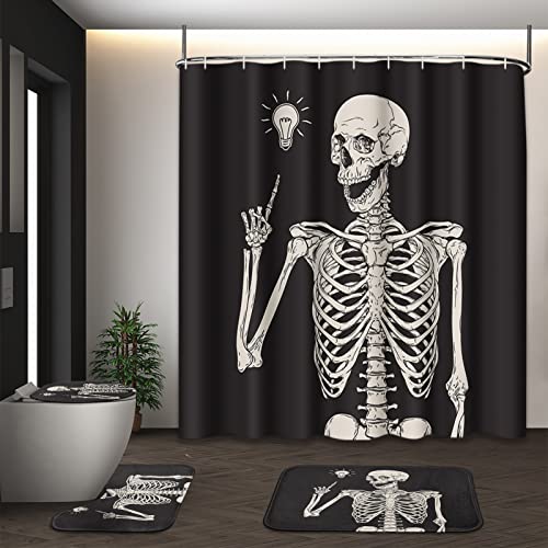 Tayney Skelett Schädel Badezimmer-Set, Vintage Halloween Happy 4-teiliges Duschvorhang-Set mit WC-Deckelbezug und rutschfesten Teppichen, schwarzer Duschvorhang für Badezimmer-Dekor mit Haken von Tayney