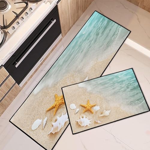 Tayney Küchenteppiche und -matten, rutschfest, waschbar, 2er-Set, Meeresküste, Seestern, Muschelmatten für Boden, tropischer Strandläufer, Sommer-Küchendekoration Tayney Küchenteppiche und -matten, rutschfest, waschbar, 2er-Set, Meeresküste, Seestern, Muschelmatten für Boden, tropischer Strandläufer, Sommer-Küchendekoration von Tayney