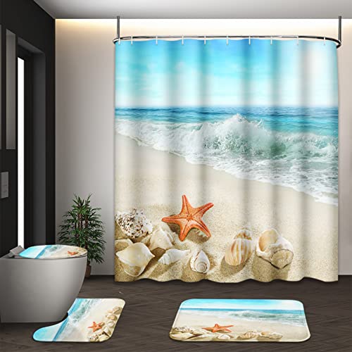 Tayney Strandmuschel-Duschvorhang-Set mit WC-Deckelbezug und rutschfesten Teppichen, blaue Ozeanwellen, 4-teiliges Duschvorhang-Set mit 12 Haken, Meerseestern, Badezimmer-Set mit Teppichen und Zubehör von Tayney