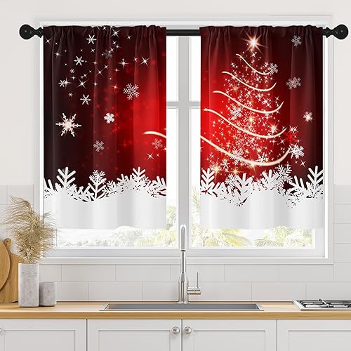 Tayney Weihnachts-Küchenvorhänge, rote Fenstervorhänge und Volants, 2er-Set, Winterschneeflocken, kurzstöckiger Vorhang für Küche, abstrakter Weihnachtsbaum, Küchendekoration, 66 x 91 cm Tayney Weihnachts-Küchenvorhänge, rote Fenstervorhänge und Volants, 2er-Set, Winterschneeflocken, kurzstöckiger Vorhang für Küche, abstrakter Weihnachtsbaum, Küchendekoration, 66 x 91 cm von Tayney