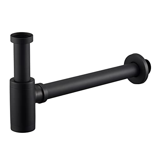 Design Siphon Universal für Waschbecken & Waschtisch Matt Schwarz, Abflussgarnitur Ablaufgarnitur passgenau, Rund Geruchsverschluss mit Reinigungsöffnung, Designsiphon Röhrensiphon von Tayqwiheva
