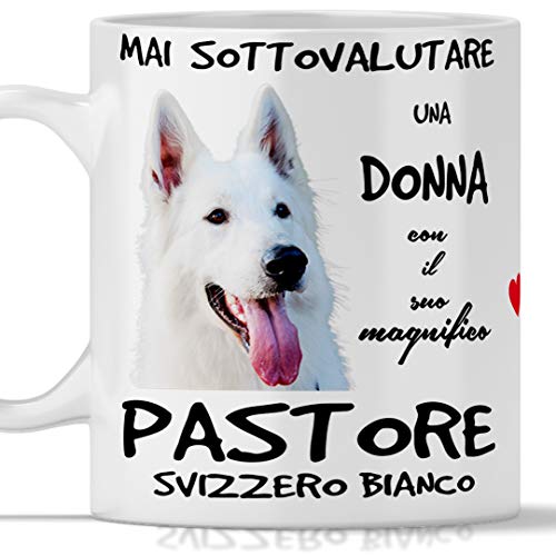 Schweizer Schweizer Hirte Tasse Weiß für Frühstück, Tee, Kaffee, Cappuccino Gadget Tasse Nie Unterbewertung einer Frau mit einem schweizer Schäferhund Weiß. Originelle Geschenkidee von Tazze Premium