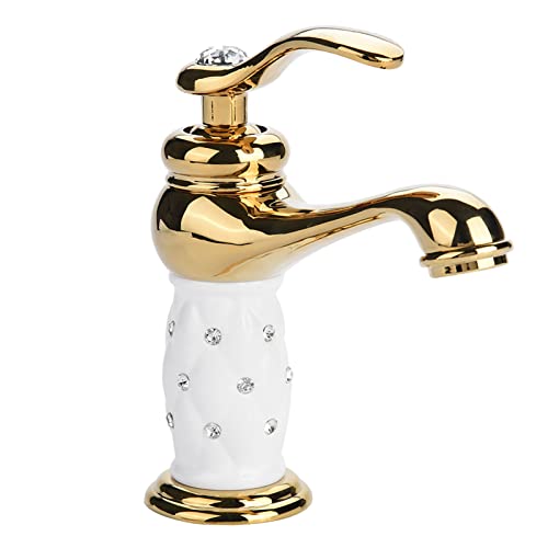 Tbest Waschtischarmatur Weiß Gold,Wasserhahn Gold,Grohe Wasserhahn Waschbecken Goldfarben Massivem Messing Mischbatterie Kalt-Warm Wasserhahn Mit Ornamenten Für Waschbecken von Tbest