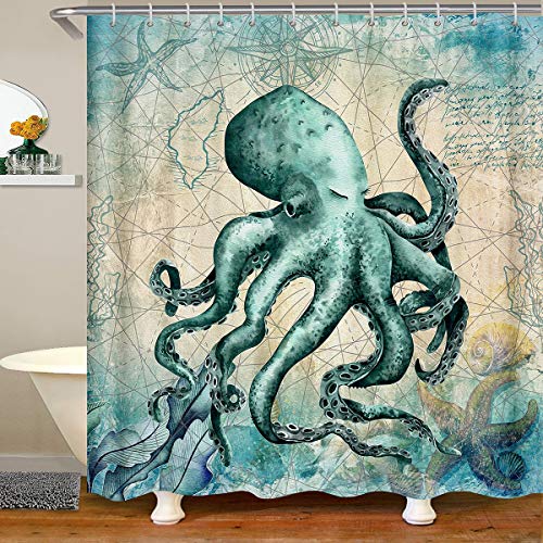 3D Tintenfisch Wasserdichtes Duschvorhang Textil Ozean Kraken Druckstoff Duschvorhang 180x180 Digitaldruck Seegras Seestern Dekor Mit Haken Vintage von Tbrand