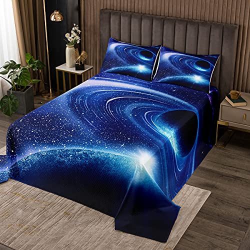 Blauer Galaxiedruck Tagesdecke 3D Universum Planet Bettüberwurf 220x240cm Raum Sternenhimmel Steppdecke Kinder Mikrofaser Bettdecke Stepp Decke mit 2 Kissenbezug 80x80 cm von Tbrand