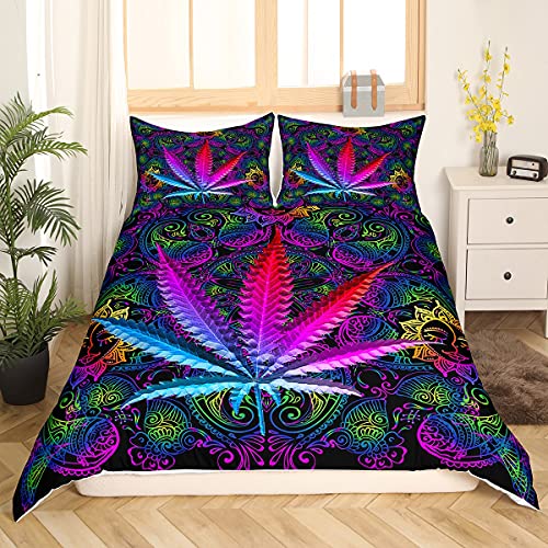 Boho Mandala Bettbezug Set für Mädchen Jungen Teenager Marihuana Weed Betten Set Cannabis Blätter Bettwäsche Set 200x200cm Lebendiges böhmisches exotisches Blumendekor 3St von Tbrand