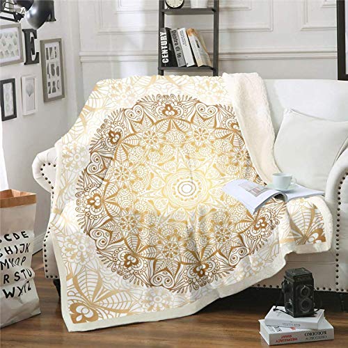 Boho Mandala Decke 130x150cm Schickes Kuscheldecke böhmischen Stil für Teenager Luxus Golden Weiß Mandala Dekor Wohndecke Exotisches Blumenmuster Flanell Fleecedecke von Tbrand