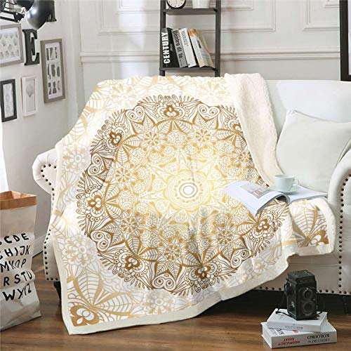 Boho Mandala Decke 150x200cm Schickes Kuscheldecke böhmischen Stil für Teenager Luxus Golden Weiß Mandala Dekor Wohndecke Exotisches Blumenmuster Flanell Fleecedecke von Tbrand