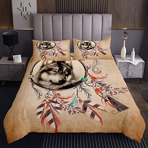 Boho Traumfänger Bettüberwurf Traumfänger Tagesdecke 240x260cm Böhmischer Vintage Wolf Druck Steppdecke Antike Stammesfeder Wohndecke Braunes Tier von Tbrand