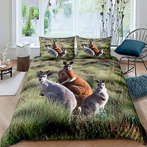 DREI Känguru Bettwäsche-Set Lebendiges Leben Bettwäsche Set 135x200cm Wildtiere im Grassland Betten Set für Kinder Jungen Mädchen Teenager 2St.Reißverschluss Mikrofaser von Tbrand