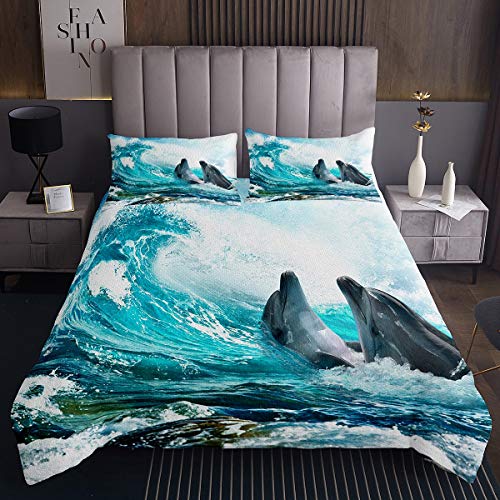 Delfin Bettüberwurf Ozean Marine Themed Steppdecke für Kinder Jugendliche Ozean Wave Tagesdecke 220x240cm Meerestiere Hawaiian Meerlife Wohndecke 3St von Tbrand