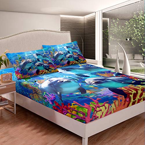 Delfin Spannbettlaken 90x200cm Ozean Marine Coral Themed Spannbetttuch für Kinder Meerestierkreaturen Bettlaken Set Meer Underwater World Raumdekoration 2St von Tbrand