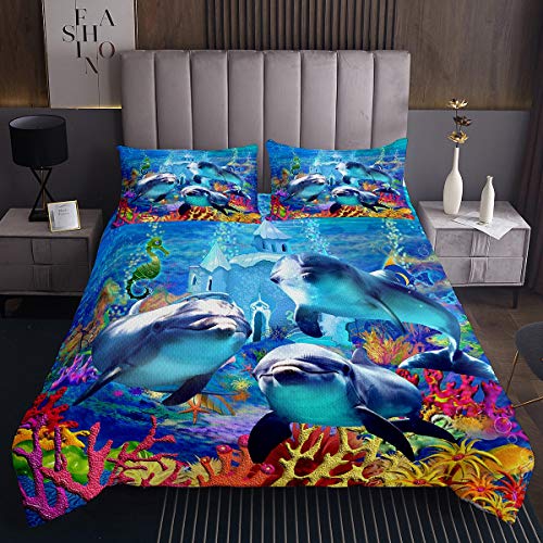 Delfin Tagesdecke 170x210cm Ozean Marine Coral Themed Steppdecke für Kinder Meerestierkreaturen Bettüberwurf Meer Underwater World Raumdekoration 2St von Tbrand