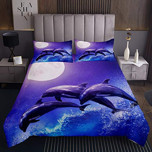 Delfin Tagesdecke 240x260cm Ozean Marine Themed Steppdecke Hawaiian Meer Kreaturen Bettüberwurf für Mädchen Schick Lila Galaxis Mond Wohndeckee Raumdekoration von Tbrand