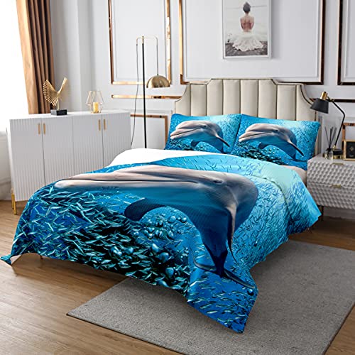 Delfin Tagesdecke Ozean Marine Themed Blau Bettüberwurf 240x260cm Meer Kreaturen Steppdecke für Jungen Mädchen Hawaiian Meerlife Bett Mit 2 Kissenbezug von Tbrand