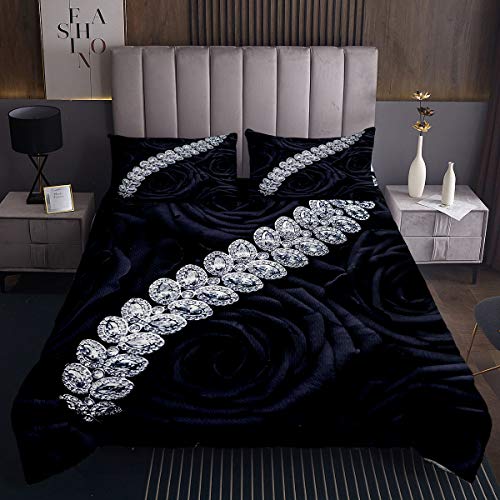 Tbrand Diamant Rose Tagesdecke 220x240cm Blume Schwarz Steppdecke für Kinder Jungen Mädchen Klassisch elegant Softest Bettüberwurf Schwarz Kuscheldecke Bunte Gesteppte Decke Schwarz Ultra weich 3St von Tbrand