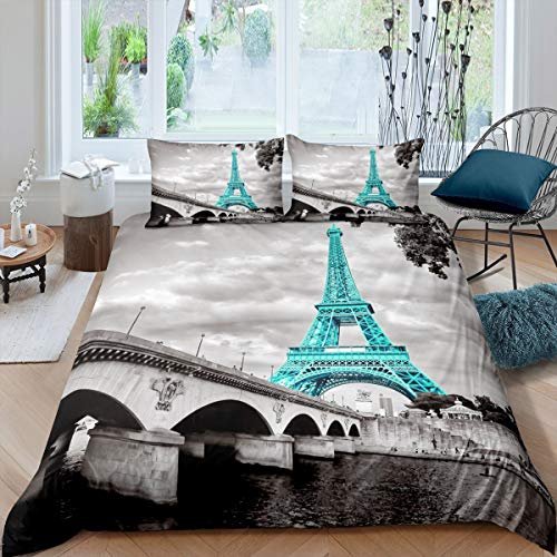 Eiffelturm Bettwäsche Set 135x200cm Mädchen Chic Teal Paris Thema Bettbezug Set Für Kinder Teenager Frauen Dekor Paris Stadtbild Bedruckte Betten Set Mikrofaser Moderner französischer Stil von Tbrand