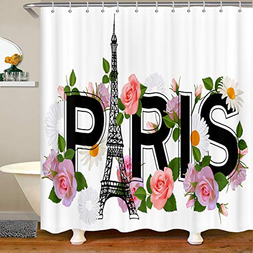 Eiffelturm Duschvorhang 180x200 Mädchen Chic Paris Thema Stadtbild Duschvorhang Textil Rose Blumenblumen Wasserdichtes Polyester mit 12 Haken Waschmaschinenfest von Tbrand