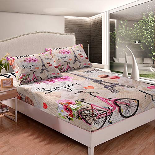 Eiffelturm Spannbetttuch Schick Romantisches Paris Thema Bettlaken Set für Kinder Teenager Rosa Blumen Blumen Spannbettlaken 90x200cm Retro Französisch Brief Raumdekor 2St von Tbrand