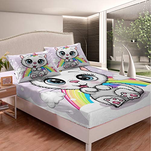 Einhorn Drucken Bettlaken Set Süße Karikatur Katze KLitten Spannbetttuch für Kinder Buntes Regenbogen Design Spannbettlaken 140x200cm Weiß Tupfen rutschfeste Zimmer 2St von Tbrand