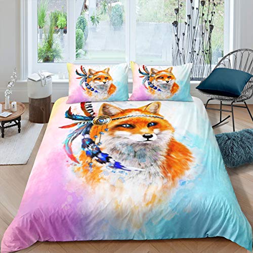 Fuchs Bettbezug Set Karikatur Fuchs Bettwäsche Set 135x200cm Bunte Feder Betten Set für Kinder Teenager 3D Tier Theme Tribal Elements 2St von Tbrand