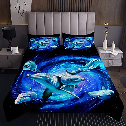 Galaxis Bettüberwurf Delfin Tagesdecke 240x260cm für Kinder Teenager Weltraum Psychedelic Swirl Steppdecke Ozean Marine Themed Blau Hell 3St von Tbrand