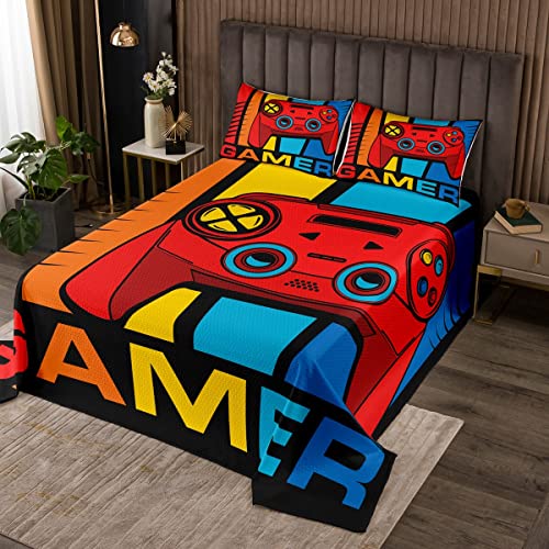 Gamepad Tagesdecke Gamer Bettüberwurf 240x260cm Teens Videospiel Steppdecke für Jugendliche Kinder Jungen Modern Game Controller Hero Style Buntes Doppelbett Gesteppt 3St von Tbrand