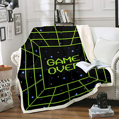 Gamer Kuscheldecke Blau Schwarz Galaxis Wohndecke für Teenager Videospiel Decke 220x240cm Grün Grid Plaid Geometrischer Streifen Raumdekor von Tbrand