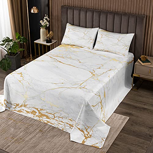 Goldener weißer Marmor gedruckt Tagesdecke 240x260cm Frauen Marmormuster Bettüberwurf für Erwachsene Männer Abstrakte Kunst Steppdecke Einfaches modernes Design von Tbrand