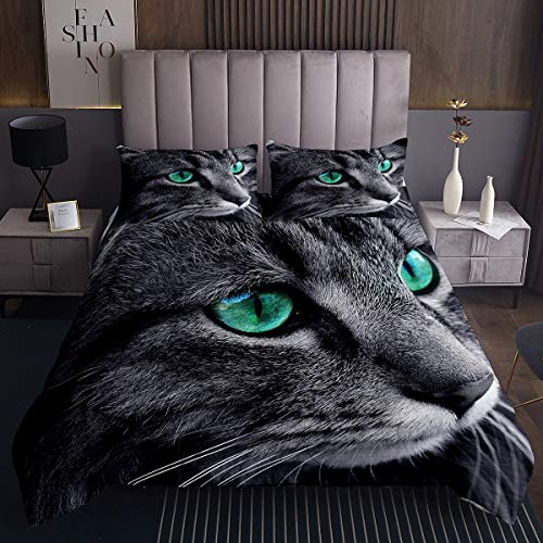 Graue Katze Bettüberwurf für Mädchen Frauen Netter Kätzchen Drucken Steppdecke 220x240cm Schicke Haustierkatze mit grünen Augen Tagesdecke 3D Tiermotiv von Tbrand