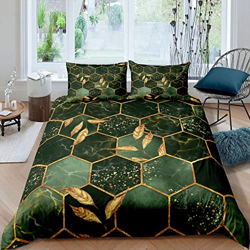 Grün regelmäßig Bettwäsche-Set Blattgeometrie Bettwäsche Set 135x200cm Sechseck Goldene Blätter Betten Set für Kinder Jungen Mädchen Teenager 2St.Reißverschluss Mikrofaser von Tbrand