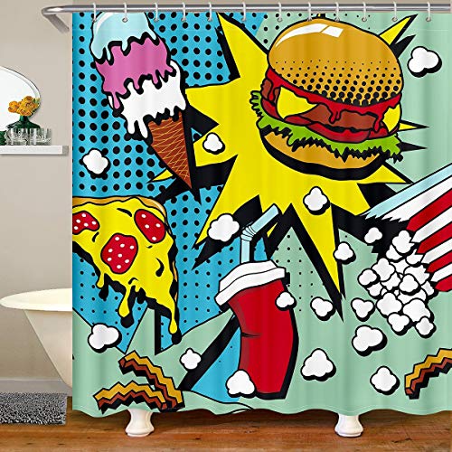 Hamburger Pizza Duschvorhang 180x200 für richtige Stände Badewannen Fast Food Themen Duschvorhang Textil Popcorn Cola Pop Art Buntes Gefühl mit 12 Haken von Tbrand