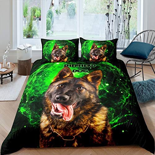 Hund Bettwäsche Set 135x200cm für Mädchen Niedlicher Deutscher Schäferhund Hunde Betten Set Hippie Haustier Hund Muster Bettbezug Set 3D Tier Thema Grüne Galaxie 2St von Tbrand