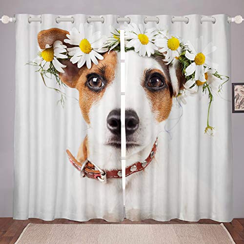 Hund Gedruckt Vorstehende Mädchen Gänseblümchen Blumen Blickdichte Vorhin Niedlicher Hund Hund Fenstervorhang 245x140cm für Kinder Erwachsene 3D Tier Thema von Tbrand