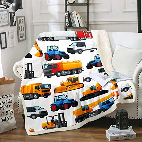 Jungen Maschinen Auto Wohndecke Baufahrzeuge Drucken Kuscheldecke Abstract Bagger Flanell Fleecedecke 150x200cm für Kinder Gelbblau Equipment Trucks von Tbrand