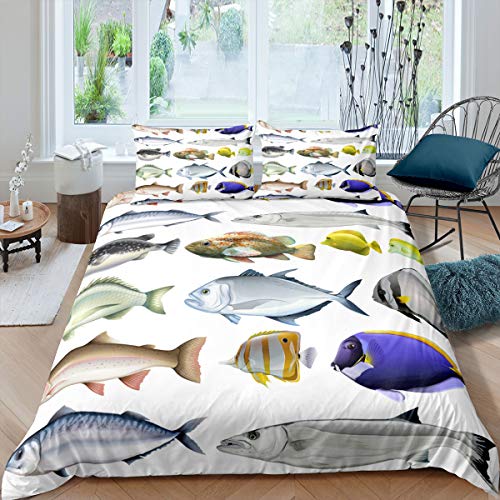 Karikatur Ozean Marine Themed Bettwäsche Set 135x200cm für Mädchen Jungen Verschiedene Fische Bedruckte Betten Set Sealife Muster Meer Unterwasser Welt Kreatur Bettbezug Set von Tbrand